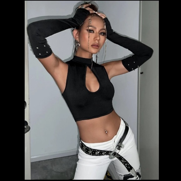 Dolls Kill Tops - NEW ‘CHUN LI’ BLACK CUT OUT AND BEADED SLEEVE TOP